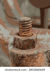 Vector illustration of a rusty rusty bolt and nut screwed onto an oxidized metal surface, displaying close-up industrial details and vintage texture