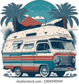 Vector illustration of a RV with palms in colors of American flag