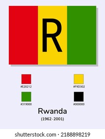 Ilustración vectorial de la bandera de Rwanda (1962-2001) aislada en un fondo azul claro. Ilustración de la bandera de Ruanda con códigos de color.  
