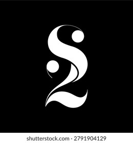 Vector illustration of an S2 monogram logo template designed in a modern elegant typographic style. Square composition combining letter S and number 2 into an interlocking crest, isolated as a clean white icon on a black background, perfect for luxury fashion branding, premium corporate identities, and creative studios.