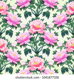 Vector illustration with sachiko embroidery. Seamless background with peony flowers. 