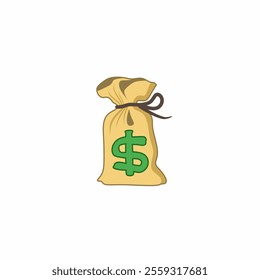 Vector illustration of sack or bag with dollar sign, symbolizing money or wealth, isolated on white background. This image can represent finance, investment or income concept.