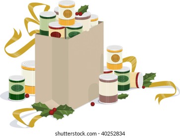 a vector illustration of a sack of canned goods overflowing with holly and ribbons