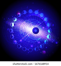 Vector illustration of Sacred geometric symbol against the space background with planets and stars.Mystic sign drawn in lines. Image in blue color.