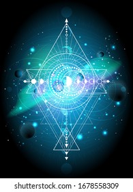 Vector illustration of Sacred geometric symbol against the space background with planets and stars. Mystic sign drawn in lines. Image in blue color.