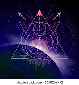 Vector illustration of Sacred geometric symbol against the space background with sunrise and stars. Image in purple color.