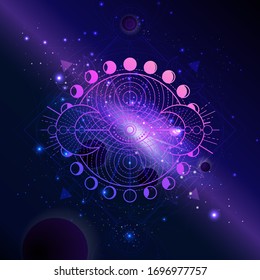 Vector illustration of Sacred geometric symbol against the space background with planets and stars. Image in purple color.