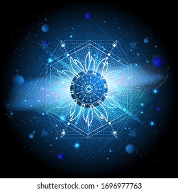 Vector illustration of Sacred geometric symbol against the space background with galaxy and stars. Image in blue color.