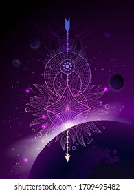 Vector illustration of Sacred geometric symbol against the space background with sunrise and stars.  Image in purple color.