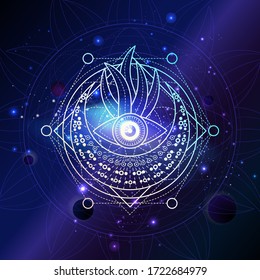 Vector illustration of Sacred geometric symbol against the space background with planets and stars. Image in blue color.