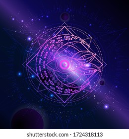 Vector illustration of Sacred geometric symbol against the space background with planets and stars. Image in purple color.