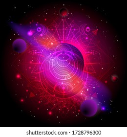 Vector illustration of Sacred geometric symbol against the space background with planets and stars. Image in red color.