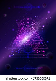 Vector illustration of Sacred geometric symbol against the space background with planets and stars.  Image in purple color.