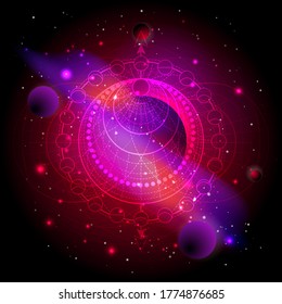 Vector illustration of Sacred geometric symbol against the space background with planets and stars.  Image in red color.