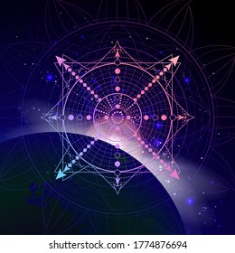 Vector illustration of Sacred geometric symbol against the space background with sunrise and stars. Image in purple color.