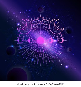 Vector illustration of Sacred geometric symbol against the space background with planets and stars. Mystic sign drawn in lines. Image in purple color.