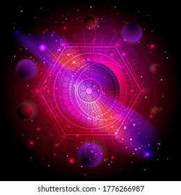 Vector illustration of Sacred geometric symbol against the space background with planets and stars. Mystic sign drawn in lines. Image in red color.