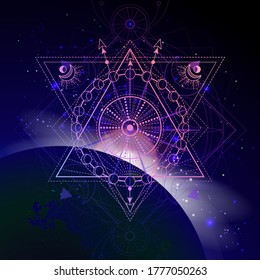Ilustración vectorial del símbolo geométrico sagrado contra el fondo espacial con amanecer y estrellas. Signo místico dibujado en líneas. Imagen de color púrpura.
