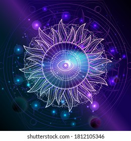 Vector illustration of Sacred geometric symbol against the space background with galaxy and stars. Mystic sign drawn in lines. Image in blue and purple color.