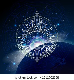 Vector illustration of Sacred geometric symbol against the space background with sunrise and stars. Mystic sign drawn in lines. Image in blue color.