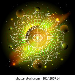 Vector illustration of Sacred geometric symbol against the space background with galaxy and stars. Mystic sign drawn in lines. Image in yellow color.