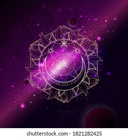 Vector illustration of Sacred geometric symbol against the space background with galaxy and stars. Mystic sign drawn in lines. Image in red and purple color.