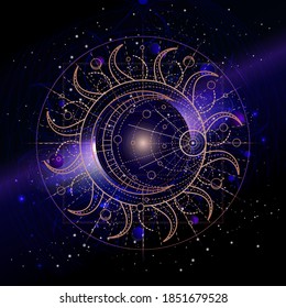 Vector illustration of Sacred geometric symbol against the space background with galaxy and stars. Mystic sign drawn in lines. Image in blue color.