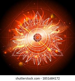 Vector illustration of Sacred geometric symbol against the space background with galaxy and stars. Mystic sign drawn in lines. Image in orange color.