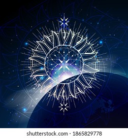 Vector illustration of Sacred geometric symbol against the space background with sunrise and stars. Mystic sign drawn in lines. Image in blue color.