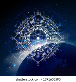 Vector illustration of Sacred geometric symbol against the space background with sunrise and stars. Mystic sign drawn in lines. Image in blue color.