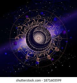 Vector illustration of Sacred geometric symbol against the space background with galaxy and stars. Mystic sign drawn in lines. Image in blue color.