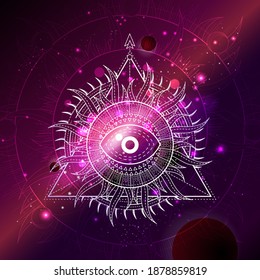 Vector illustration of Sacred geometric symbol against the space background with galaxy and stars. Mystic sign drawn in lines. Image in red color.