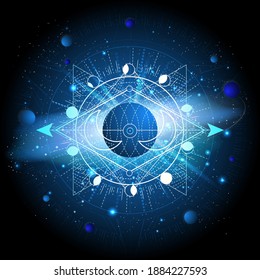 Vector illustration of Sacred geometric symbol against the space background with galaxy and stars. Mystic sign drawn in lines. Image in blue color.