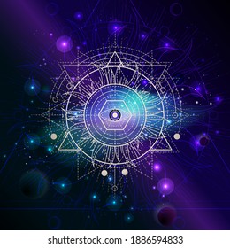 Vector illustration of Sacred geometric symbol against the space background with galaxy and stars. Mystic sign drawn in lines. Image in blue and purple color.