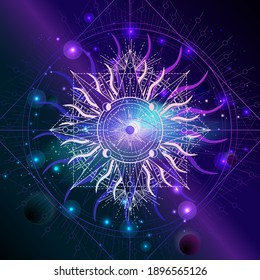 Vector illustration of Sacred geometric symbol against the space background with galaxy and stars. Mystic sign drawn in lines. Image in blue and purple color.