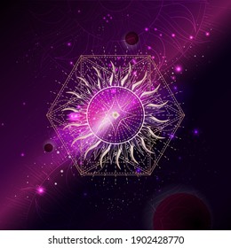 Vector illustration of Sacred geometric symbol against the space background with galaxy and stars. Mystic sign drawn in lines. Image in red and purple color.