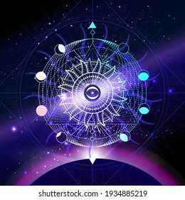 Vector illustration of Sacred geometric symbol against the space background with sunrise and stars. Image in purple color.