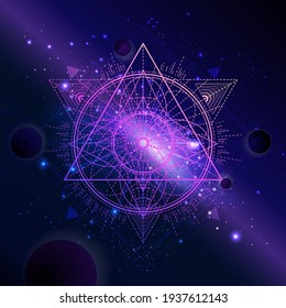 Vector illustration of Sacred geometric symbol against the space background with planets and stars. Mystic sign drawn in lines. Image in purple color.