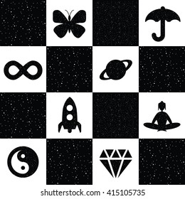 Vector illustration / sacred geometry / cosmic geometrical background design / abstract seamless pattern / black and white
