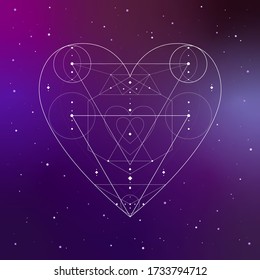 Vector illustration of the sacred geometry heart beautiful love symbol on the purple gradient background