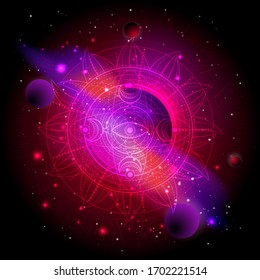 Vector illustration of Sacred geometry symbol against the space background with planets and stars. Image in red color.