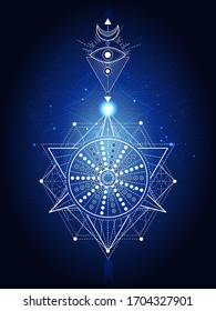 Vector illustration of Sacred geometry symbol on abstract background. Image in blue color. 
