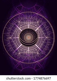 Vector illustration of Sacred geometry symbol on abstract background. Image in purple color. 