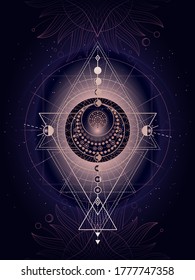 Vector illustration of Sacred geometry symbol on abstract background. Mystic sign drawn in lines. Image in purple color. 