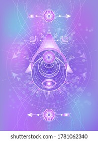 Vector illustration of Sacred geometry symbol on abstract background. Mystic sign drawn in lines. Image in purple color. 