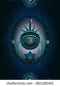 Vector illustration of Sacred geometry symbol on abstract background. Mystic sign drawn in lines. Image in blue and green color. 