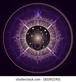 Vector illustration of Sacred geometry symbol on abstract background. Mystic sign drawn in lines. Image in purple color. 