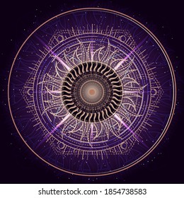 Vector illustration of Sacred geometry symbol on abstract background. Mystic sign drawn in lines. Image in purple color. 