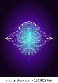 Vector illustration of Sacred geometry symbol on abstract background. Mystic sign drawn in lines. Image in purple color. For you design or magic craft.