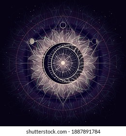 Vector illustration of Sacred geometry symbol on abstract background. Mystic sign drawn in lines. Image in purple color. 